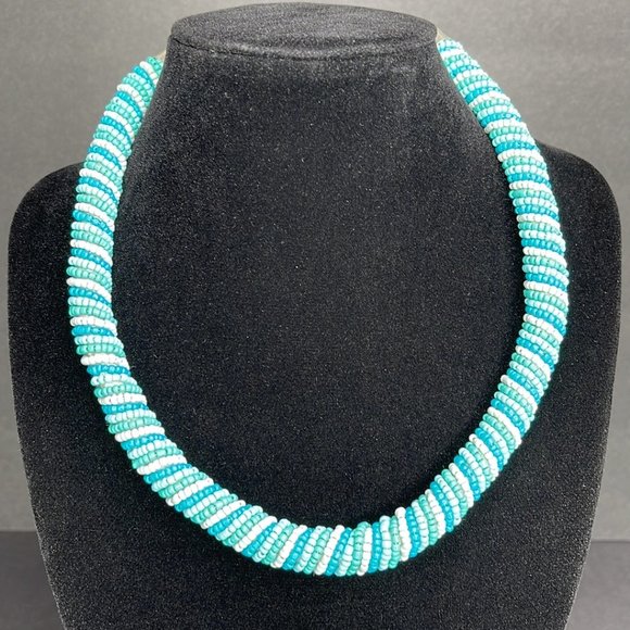 White & Turquoise Beaded Necklace - Picture 1 of 4